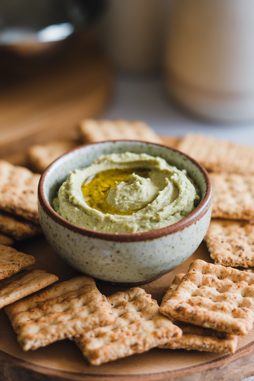 Indoor photo of a small ceramic bowl of creamy green avocado-white bean spread with a drizzle of olive oil, surrounded by whole-grain crackers. Soft light, no text or logos.