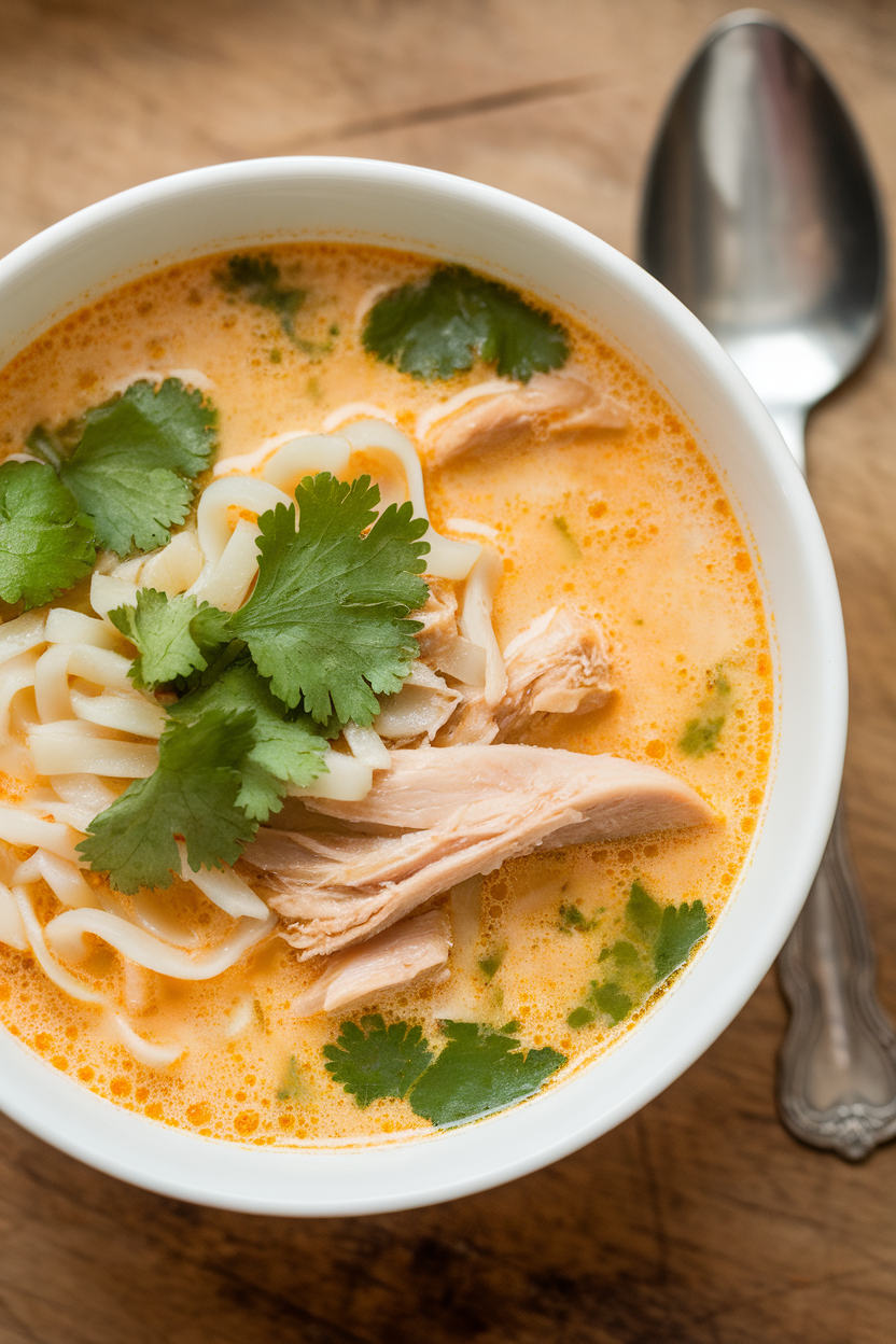 Indoor soup bowl of coconut lime chicken soup with rice noodles, cilantro leaves floating, no logos. Photo.