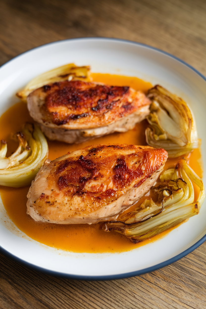 Indoor photo of chicken breasts with caramelized fennel and garlic in light orange sauce; gentle evening light, no text or logos