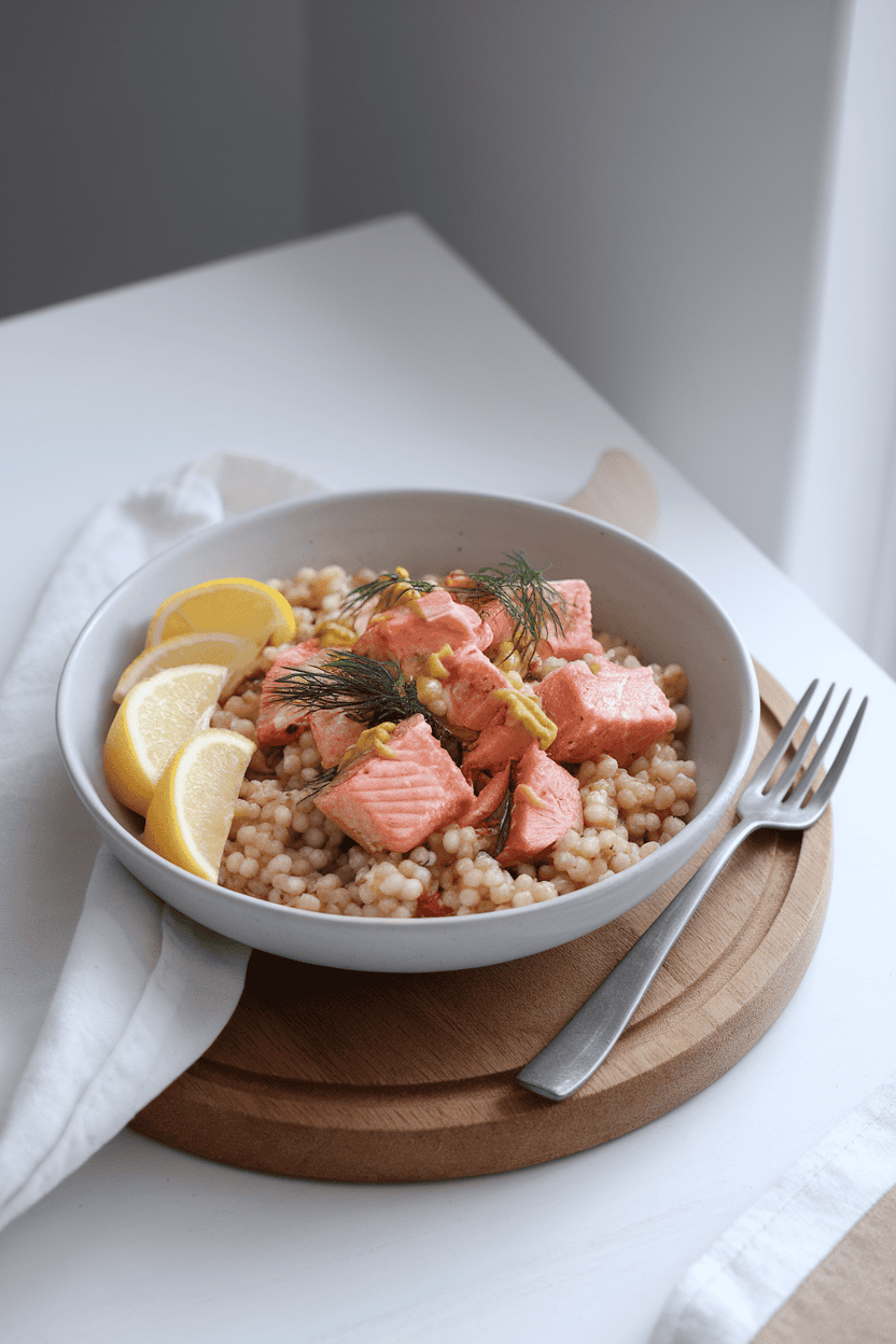 Indoor serving bowl containing pearl barley mixed with roasted salmon chunks, dill, and mustard vinaigrette. No text or logos. Photo only.