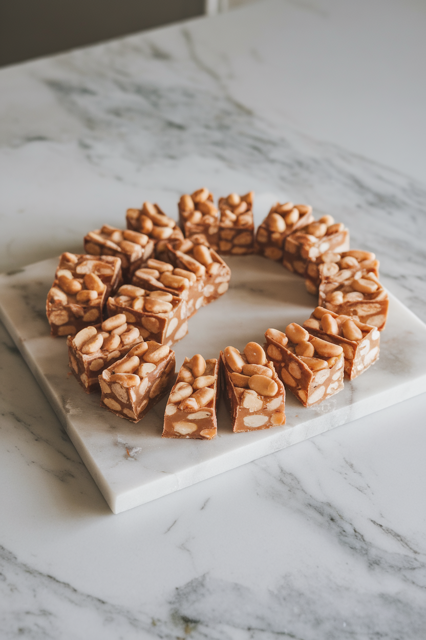 Photo of an indoor marble countertop featuring bite-size nougat bars with caramel and peanuts exposed, no branding or text