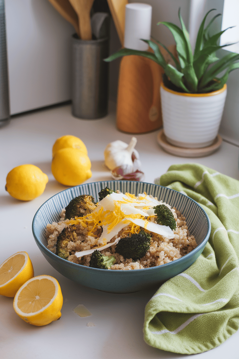 Indoor kitchen counter scene of fluffy quinoa mixed with roasted broccoli florets, shaved Parmesan, and lemon zest; no logos.