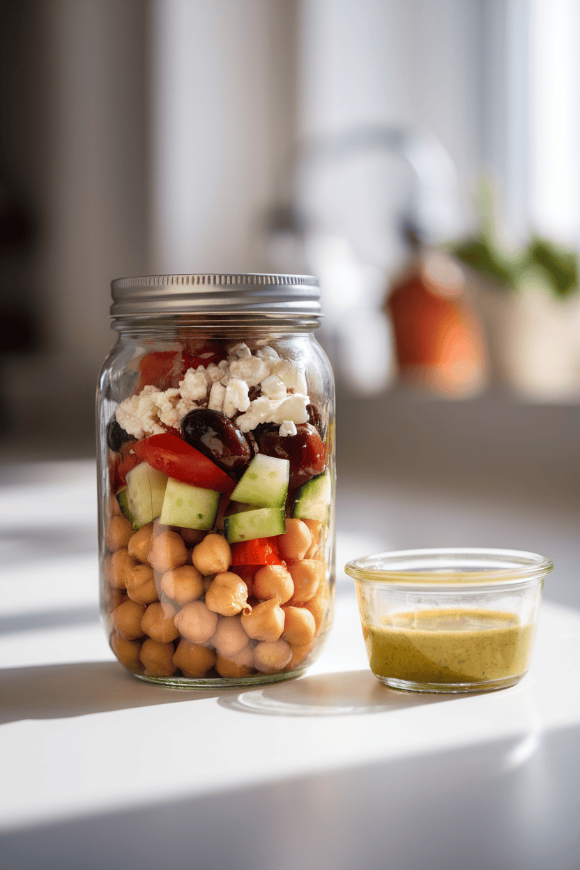 A brightly lit indoor countertop shot of a mason jar layered with chickpeas, diced cucumber, cherry tomatoes, kalamata olives, and crumbled feta, with a small container of vinaigrette beside it. No text or logos visible.