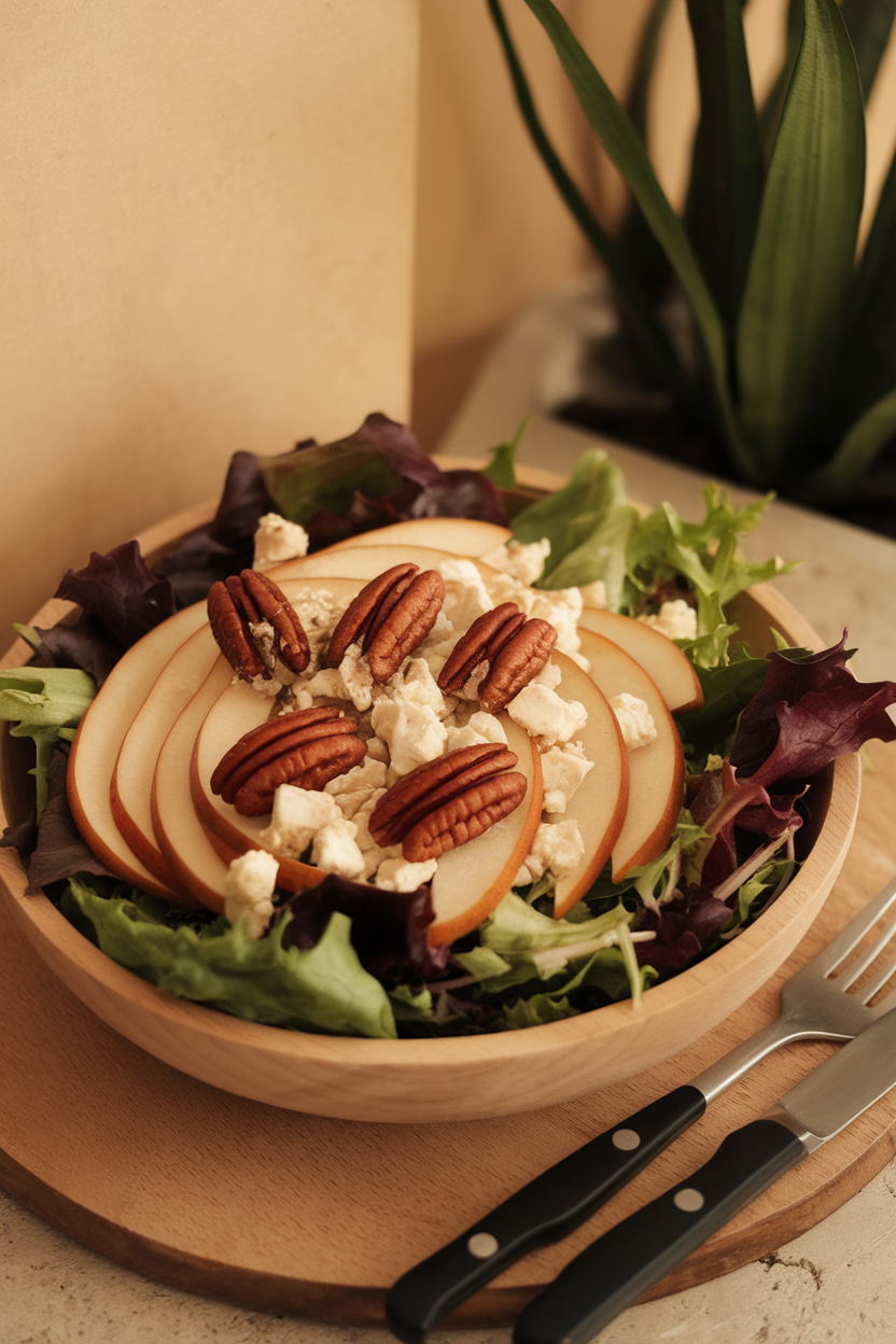 Indoor photo of mixed greens layered with thin pear slices, crumbled gorgonzola, and shiny candied pecans in a shallow wooden bowl; warm ambient light, no text or logos.