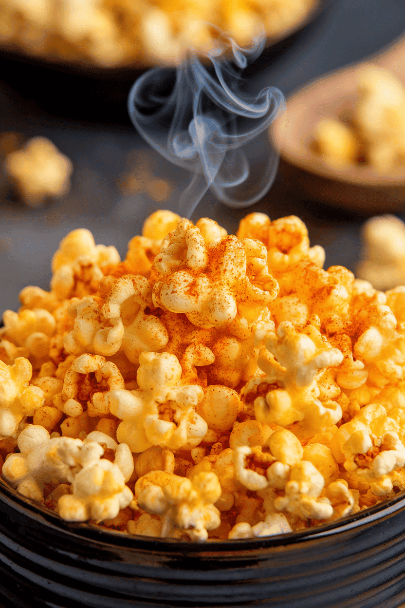 Close-up indoor bowl of popcorn dusted bright orange with spicy seasoning, a smoky swirl overhead, black ceramic bowl. Photo only; no text or logos.