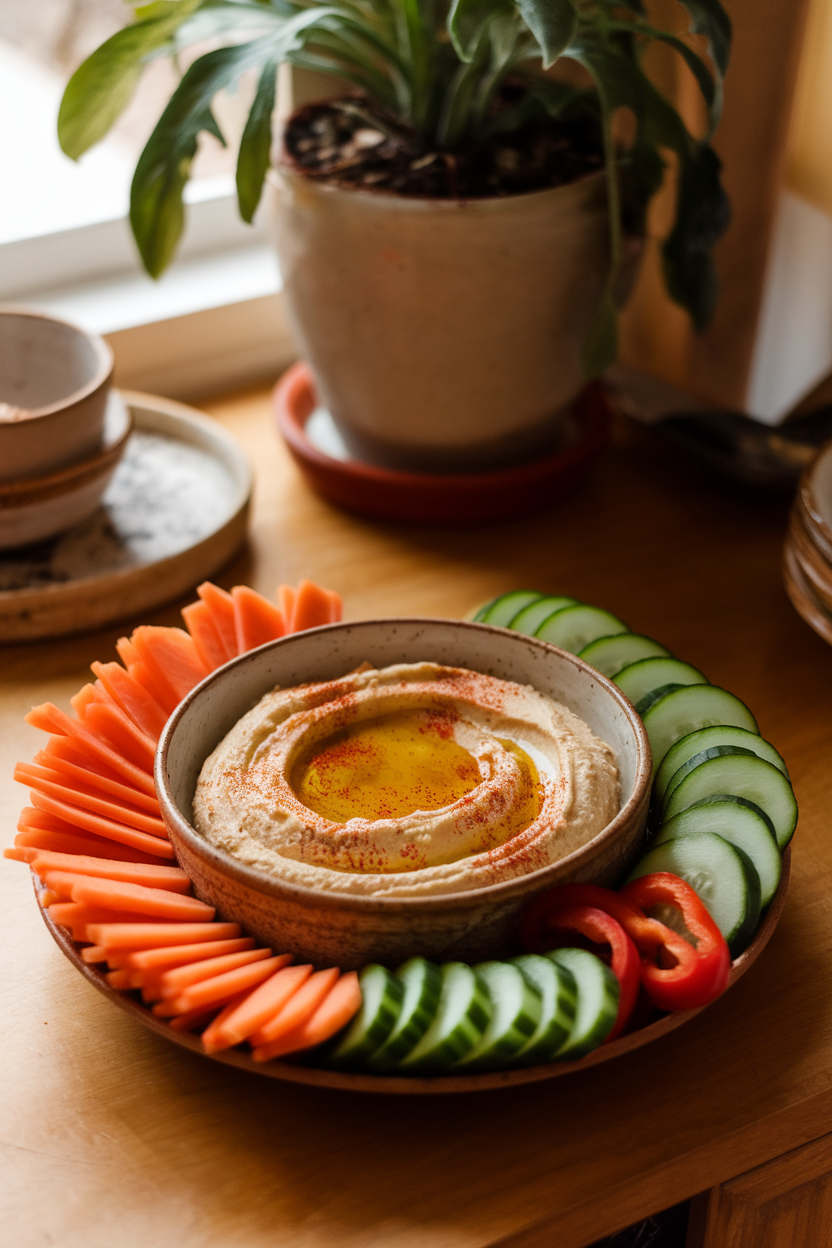 A warmly lit indoor table featuring a small ceramic bowl of creamy hummus drizzled with olive oil and sprinkled with paprika, surrounded by neatly arranged carrot, cucumber, and red-pepper sticks. No text or logos. Photo, not illustration.