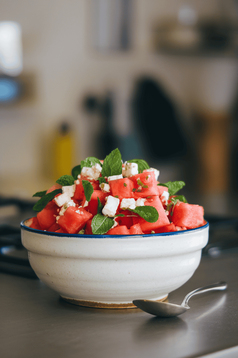 A white ceramic bowl on an indoor counter filled with vibrant cubes of watermelon tossed with crumbled feta and fresh mint leaves, a small silver serving spoon at the side. No text or logos; photo only.