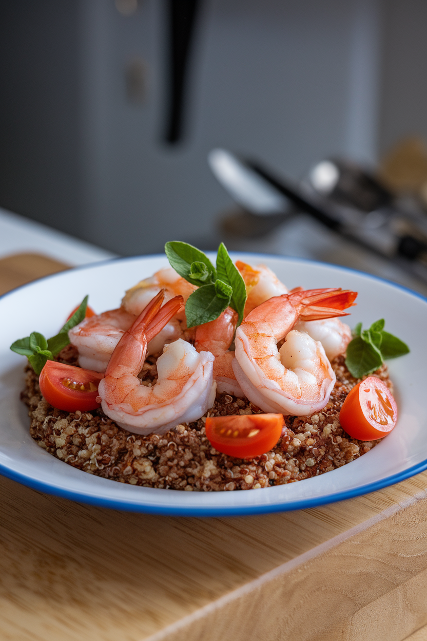 Indoor plate featuring cooked shrimp atop quinoa with oregano leaves and cherry tomatoes; no text or logos.