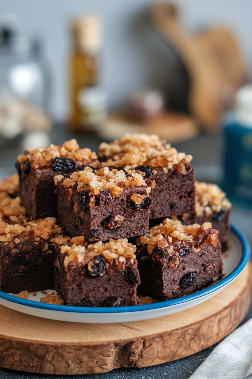 Indoor shot of brownie squares studded with rum-soaked raisins, topped with coarse sugar to resemble buried treasure; no text or logos