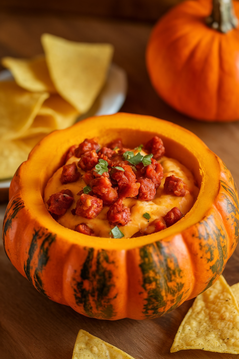 Photo of hollowed mini pumpkin used as bowl for melted chorizo queso, tortillas nearby, indoors. No text or logos.