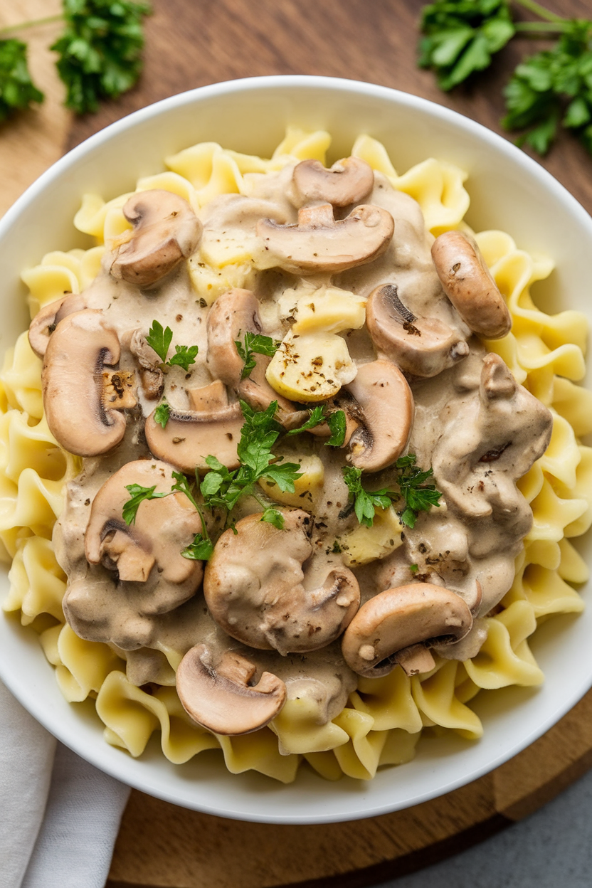 Indoor photo of a skillet of creamy mushroom stroganoff spooned over egg noodles, parsley garnish. No logos or text.