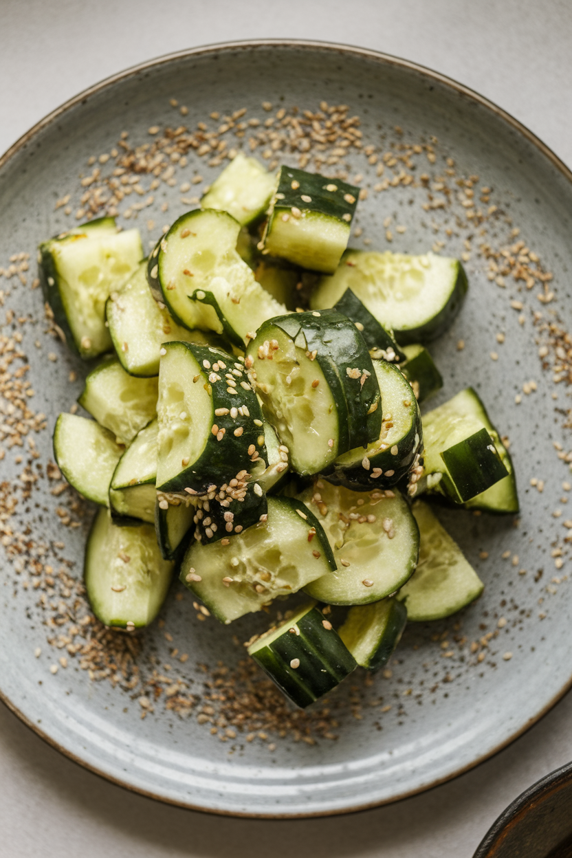 Cracked cucumber chunks tossed in sesame dressing on an indoor shallow plate, sprinkled with sesame seeds; no text or logos. Photo only.