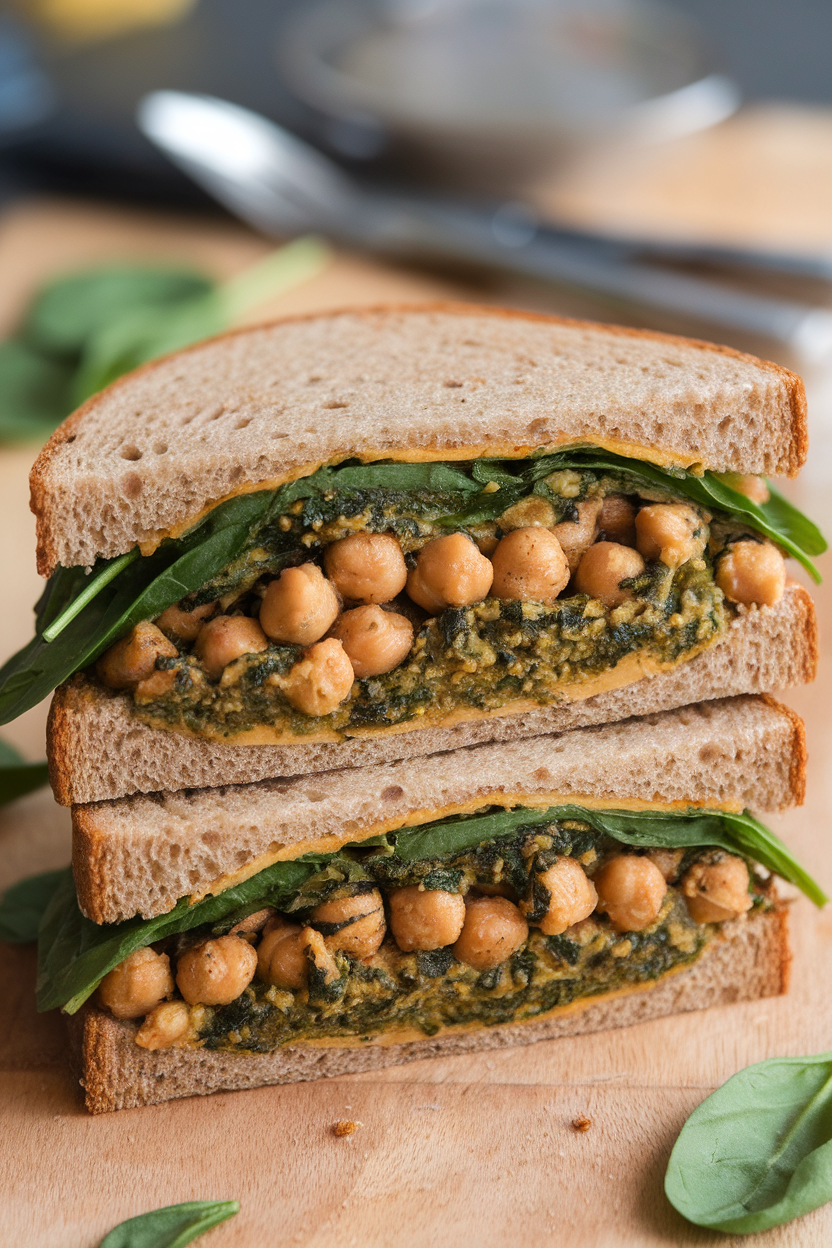 Indoor photo of a whole-grain sandwich cut in half, showing smashed chickpeas mixed with basil pesto and spinach leaves inside. No text or logos.