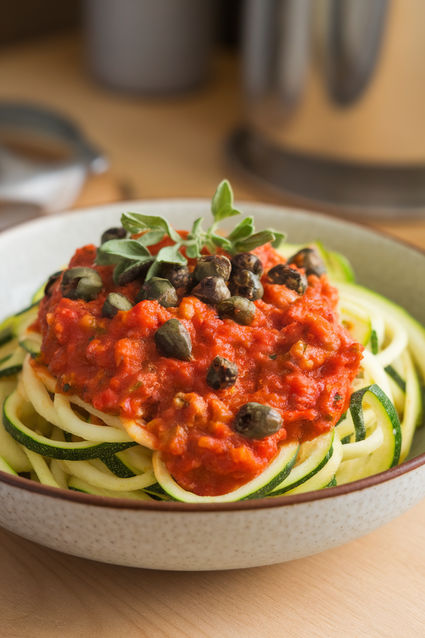 Indoor image of zucchini noodles coated in tomato-olive-capers sauce, garnished with fresh oregano. No logos or text.