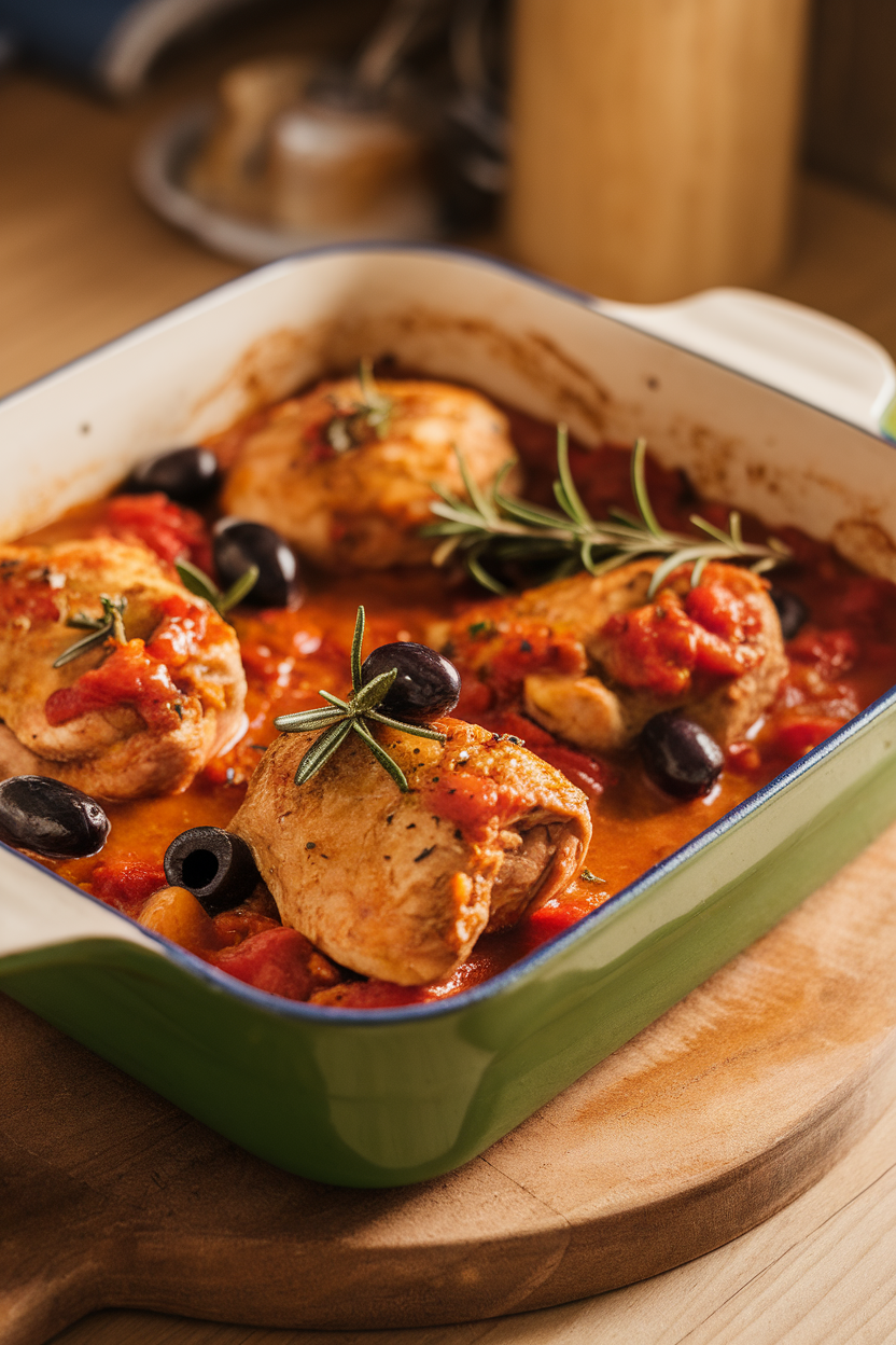 A casserole dish indoors showing chicken pieces braised with tomatoes, olives, and rosemary sprigs. No logos or text.