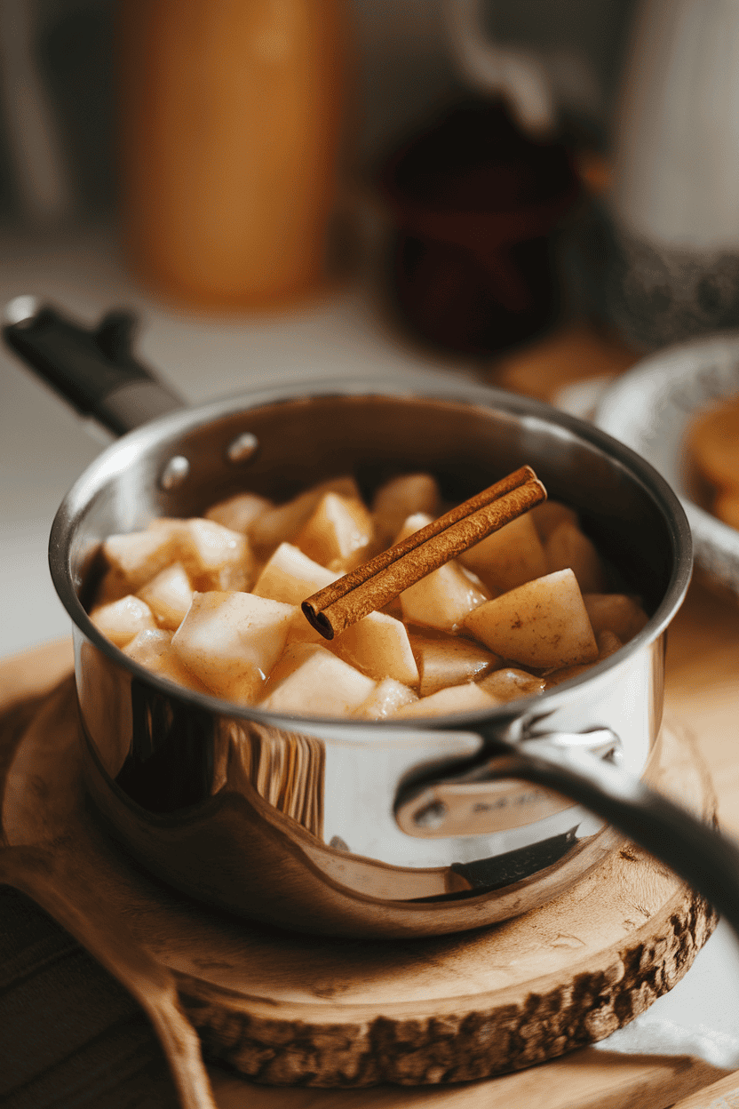 Indoor saucepan filled with chunky pear compote, cinnamon stick visible, no branding