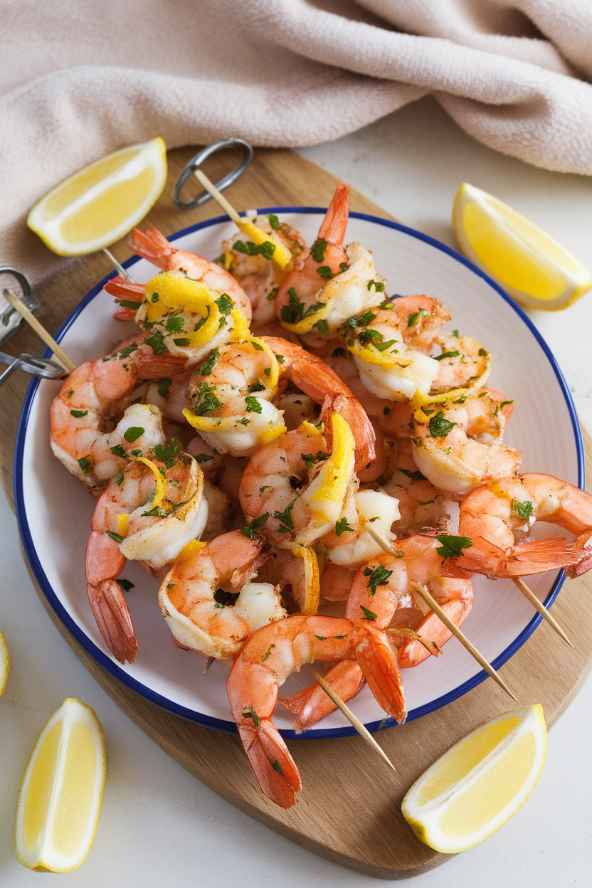 An indoor plate of skewered cooked shrimp glistening with lemon zest, garlic, and parsley, served with lemon wedges. No text or logos visible.