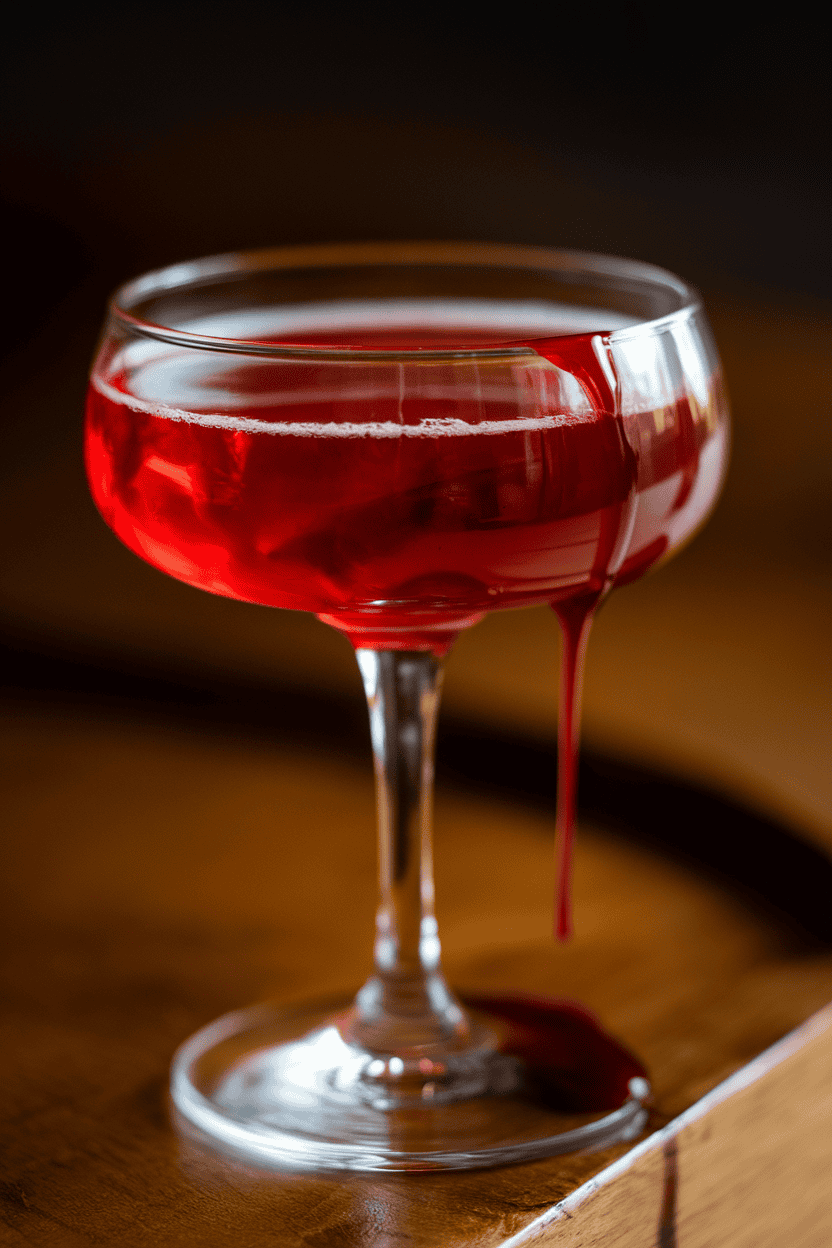 Close-up indoor bar shot of a coupe glass filled with deep ruby cocktail, thin strand of raspberry “blood” dripping down the side; soft red back-lighting, no text or logos.