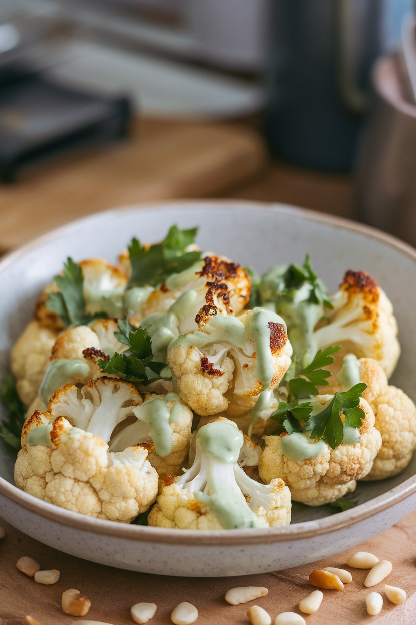 Indoor photo of roasted cauliflower florets drizzled with tahini dressing and sprinkled with parsley in a shallow bowl. No logos.