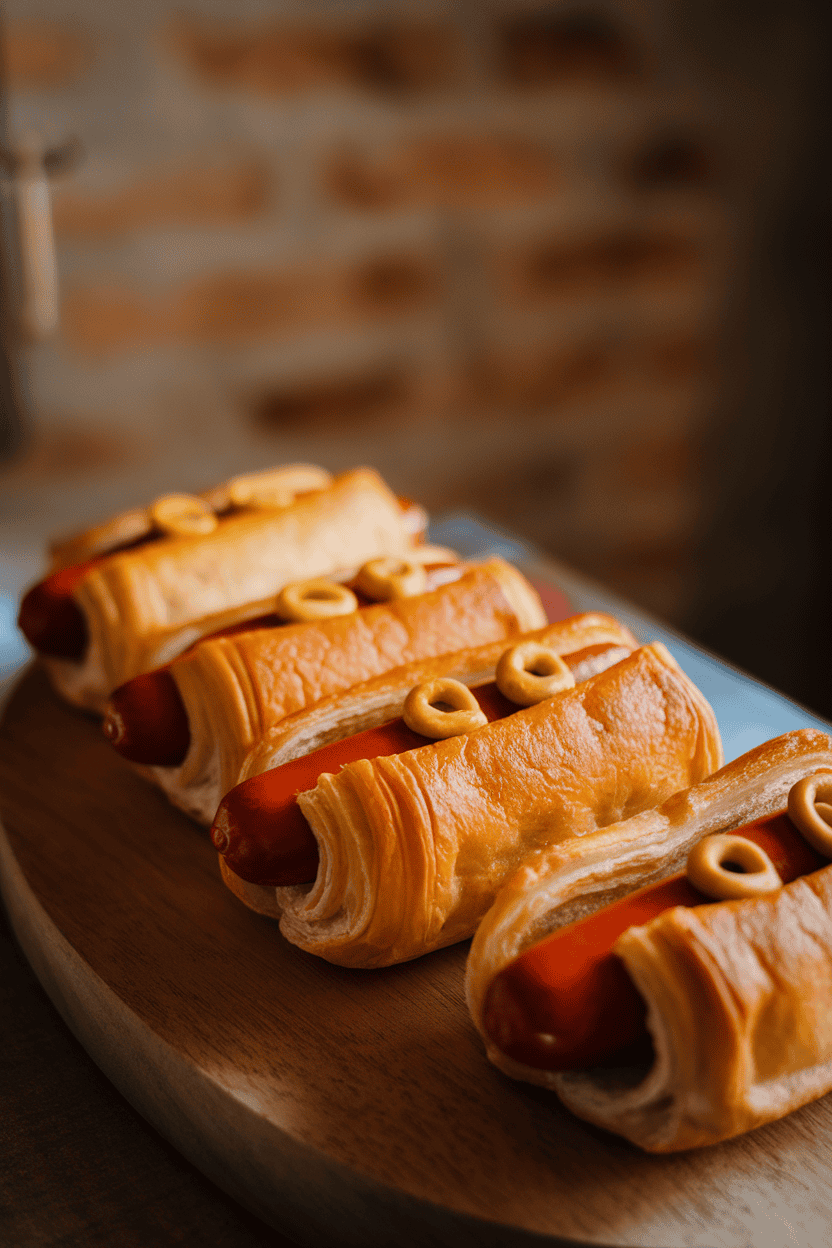 Indoor photo of puff-pastry-wrapped hot dogs baked golden, dotted with two mustard “eyes,” served on a wooden board. Soft directional light, no text or logos.