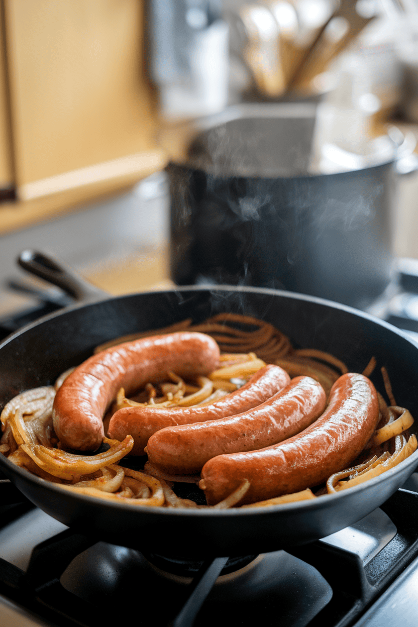 An indoor stovetop scene showing a skillet of fully cooked bratwursts nestled in caramelized onions, light steam visible. No text or logos; photo only.