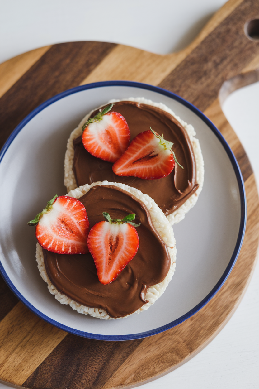 An indoor snack plate holding two rice cakes spread with glossy chocolate hazelnut butter and garnished with sliced strawberries, shot from above. No text or logos visible.