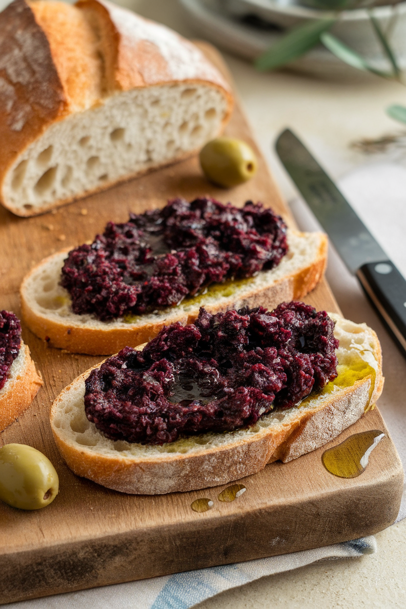 An indoor cutting board with rustic bread slices spread with dark purple olive tapenade, olive oil shining softly. No text or logos. Photo, not illustration.