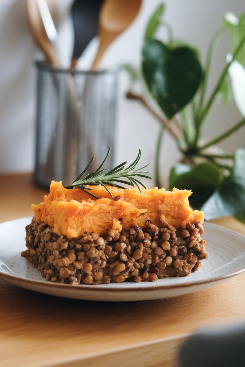 An indoor dining table showing a casserole of lentil and mushroom filling topped with mashed sweet potatoes, slightly browned. No text or logos; photo only.