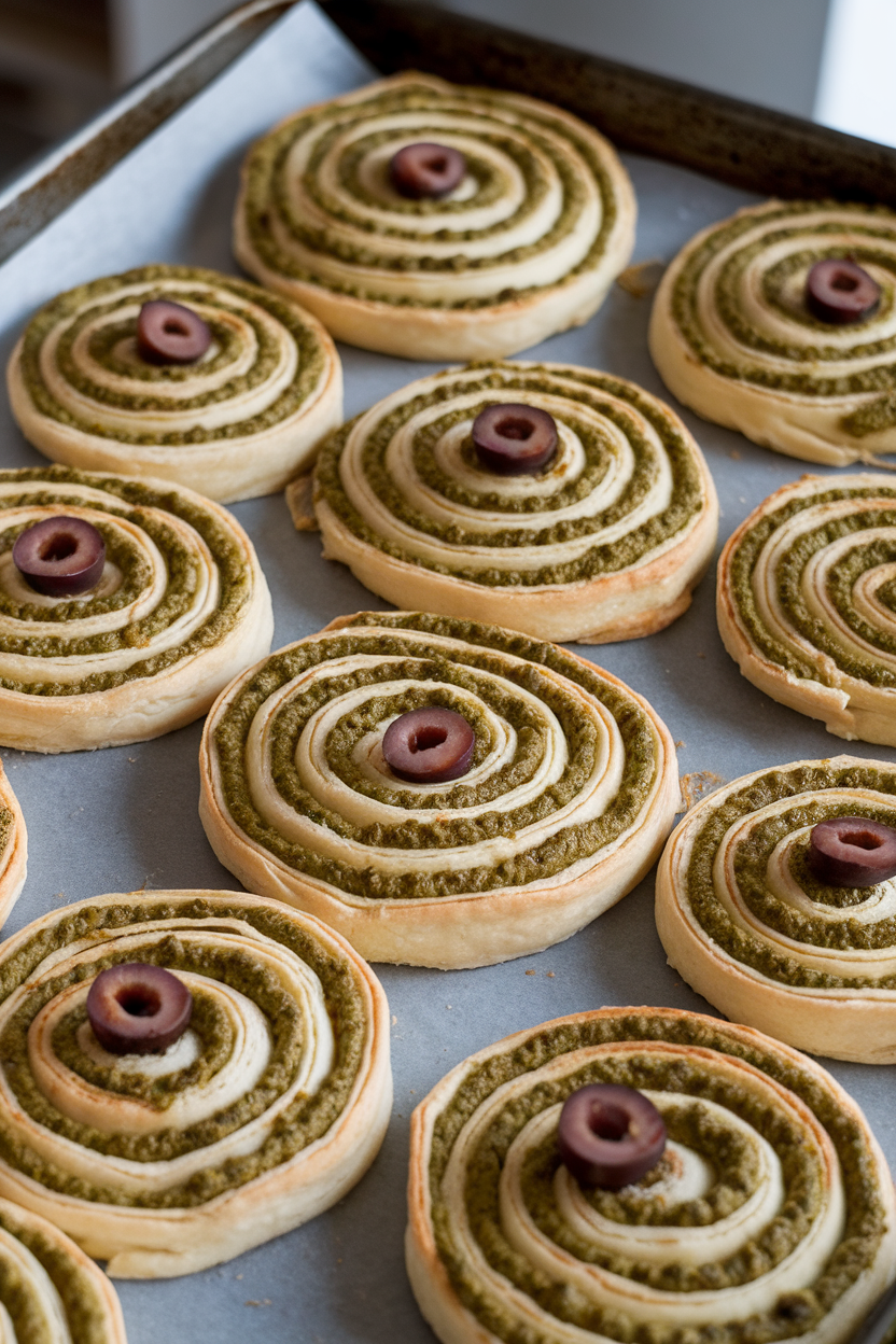 Puff pastry spirals streaked green with pesto, dotted with olive “eyes,” on an indoor baking sheet. Photo, no text or logos.