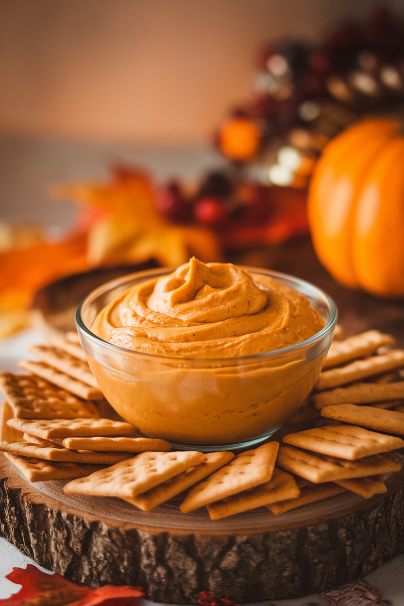 Indoor photo of creamy pumpkin pie dip in a glass bowl surrounded by graham cracker sticks; no text or logos.