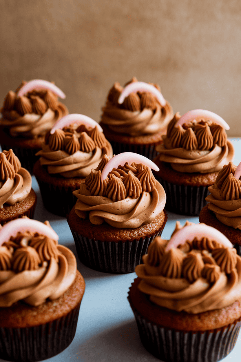 Photo indoors of caramel cupcakes with tufts of chocolate-caramel buttercream piped using a grass tip to look like fur, finished with candy fangs; no text or logos