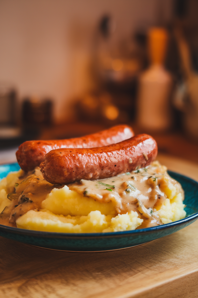Indoor photo of plump sausages atop creamy mashed potatoes, smothered in onion gravy on a white plate. Warm lighting, no text or logos.