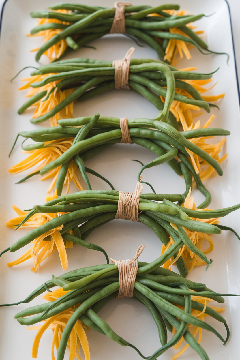 Indoor photo of blanched green beans tied into bundles with thin strips of yellow squash, each bundle splayed like a spider leg cluster on a white platter. No text or logos.