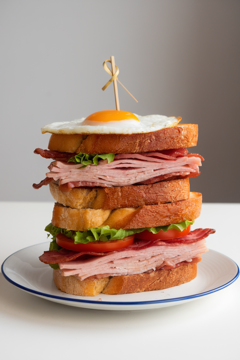 Indoor plate with a tall stack of toasted bread layered with turkey, bacon, tomato, lettuce, and a fried egg, secured with a skewer. No text or logos.