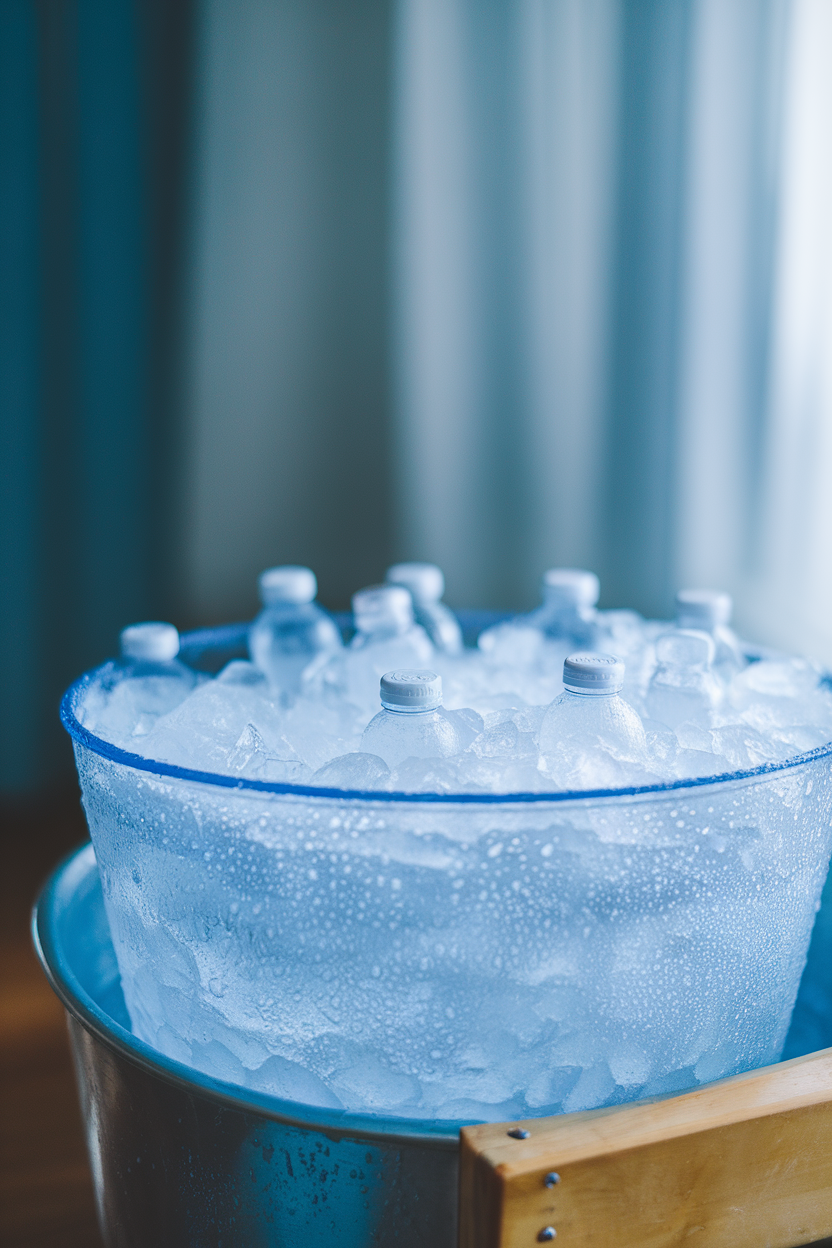 Indoor photo of an ice-filled tub with small unlabeled water bottles, condensation beads visible. No text or logos.