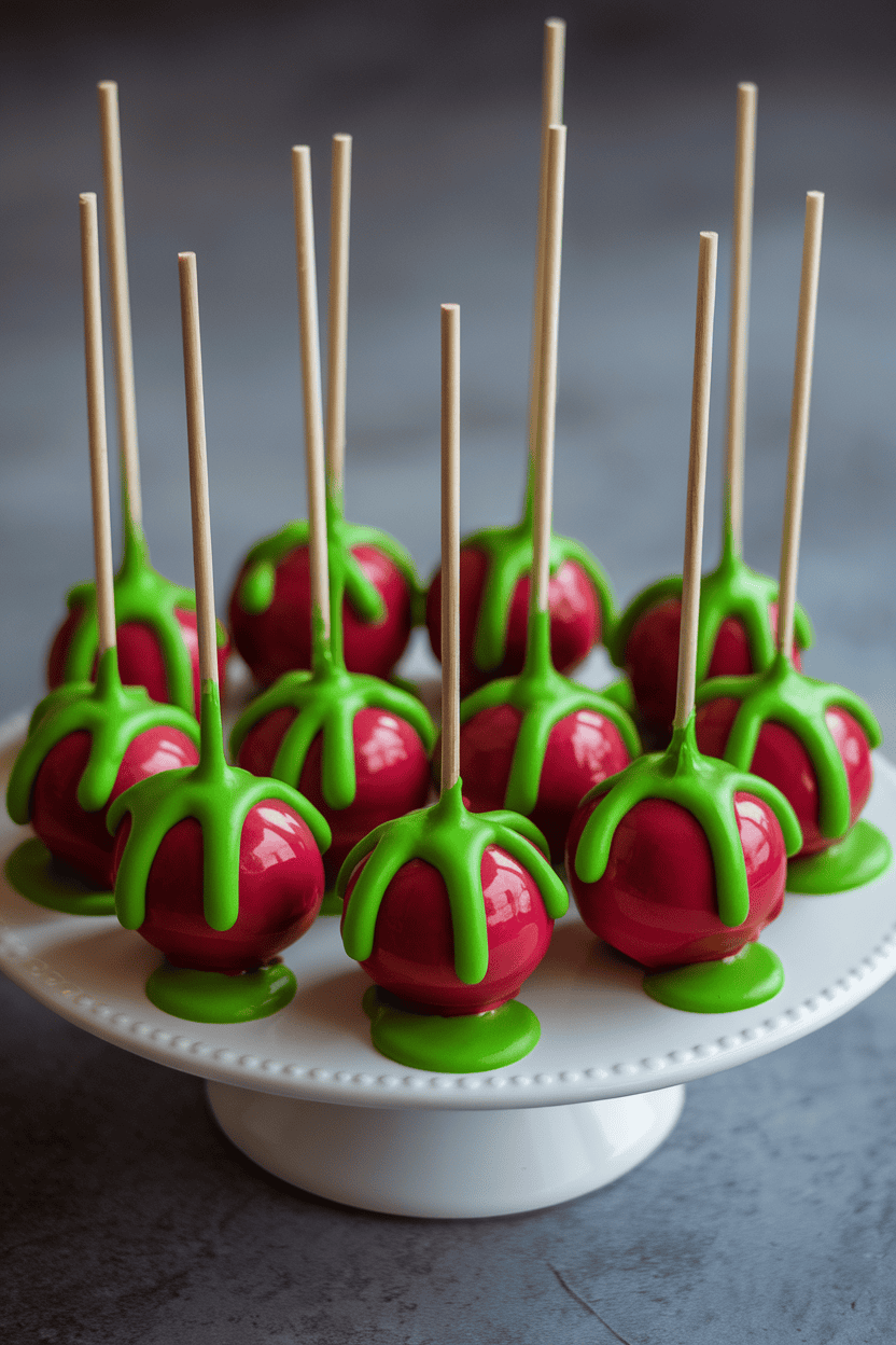Shiny red candy-coated cake pops with bright green drips pooling over the top like “poison,” indoor setting, no text or logos. Photo.