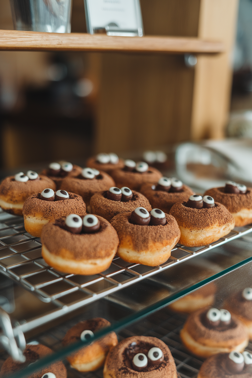 A bakery case indoors with bite-size baked donuts coated in cinnamon sugar and decorated with small chocolate eyes. Photo only, no text or logos.