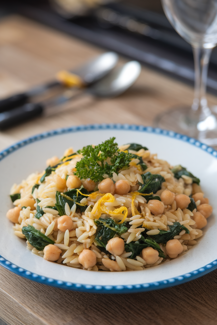 An indoor plate of orzo pasta mixed with chickpeas, baby spinach, and lemon zest, garnished with parsley. No text or logos; photo only.