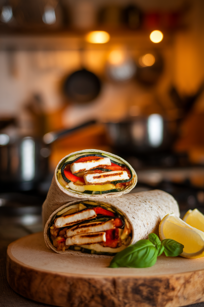 Photo of a sliced whole-grain wrap filled with roasted zucchini, peppers, and grilled halloumi strips, taken indoors with warm kitchen lighting. No text or logos visible.