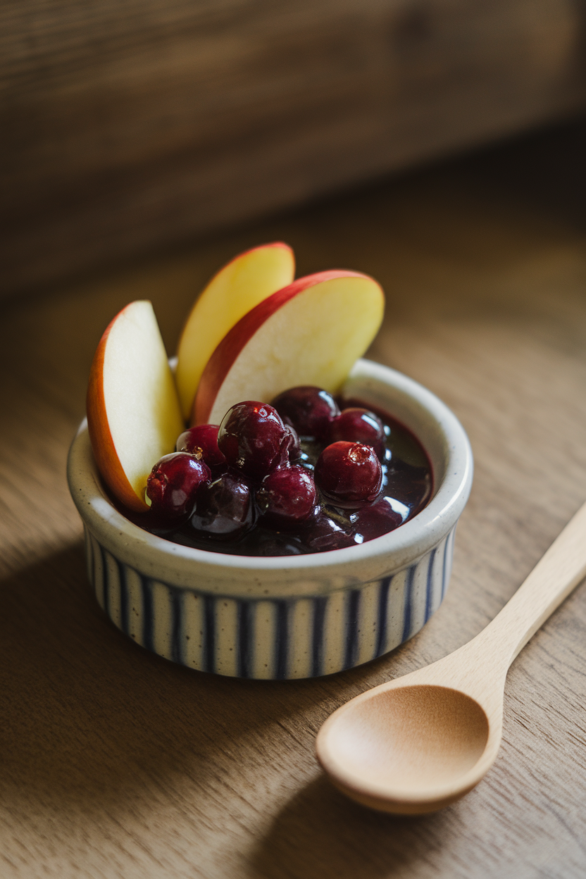 A small ceramic dish indoors with glossy elderberry compote surrounded by apple slices for dipping, wooden spoon resting nearby. No text or logos.
