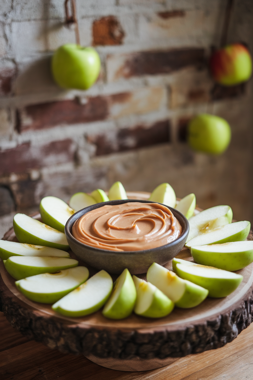 An indoor platter with a bowl of creamy caramel dip surrounded by fresh apple slices, no text or logos. Photo.</Prompt