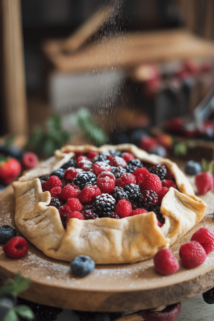 Indoor photo of a rustic free-form berry galette with flaky edges folded over vibrant berries, no text or logos