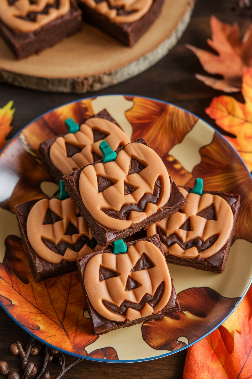 Indoor photo of brownies cut into pumpkin shapes with carved maple-glazed pecan features, arranged on an autumn-themed plate; no text or logos