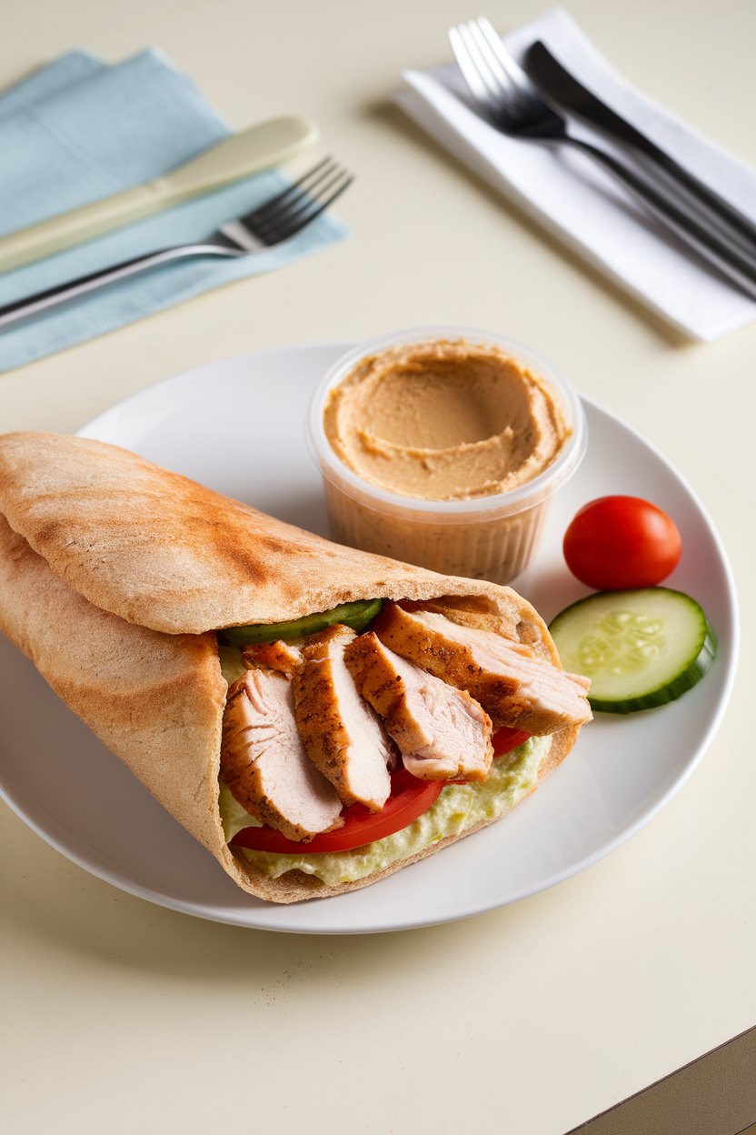 An indoor lunch scene with a whole-wheat pita stuffed with sliced grilled chicken, hummus, cucumber, and tomato. No logos or text; photo only.