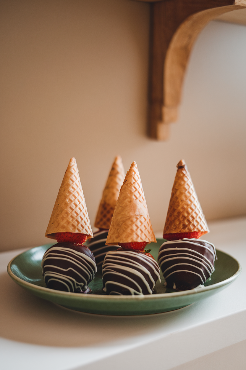 Upside-down chocolate-dipped waffle cones atop chocolate-covered strawberries, forming tiny witch hats on an indoor plate. Photo, no text or logos.