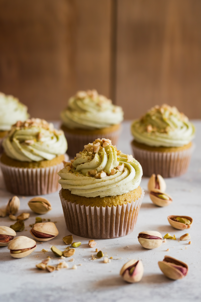 Indoor setup featuring pistachio cupcakes iced in pale green cream cheese frosting and topped with crushed nuts, no text or logos.