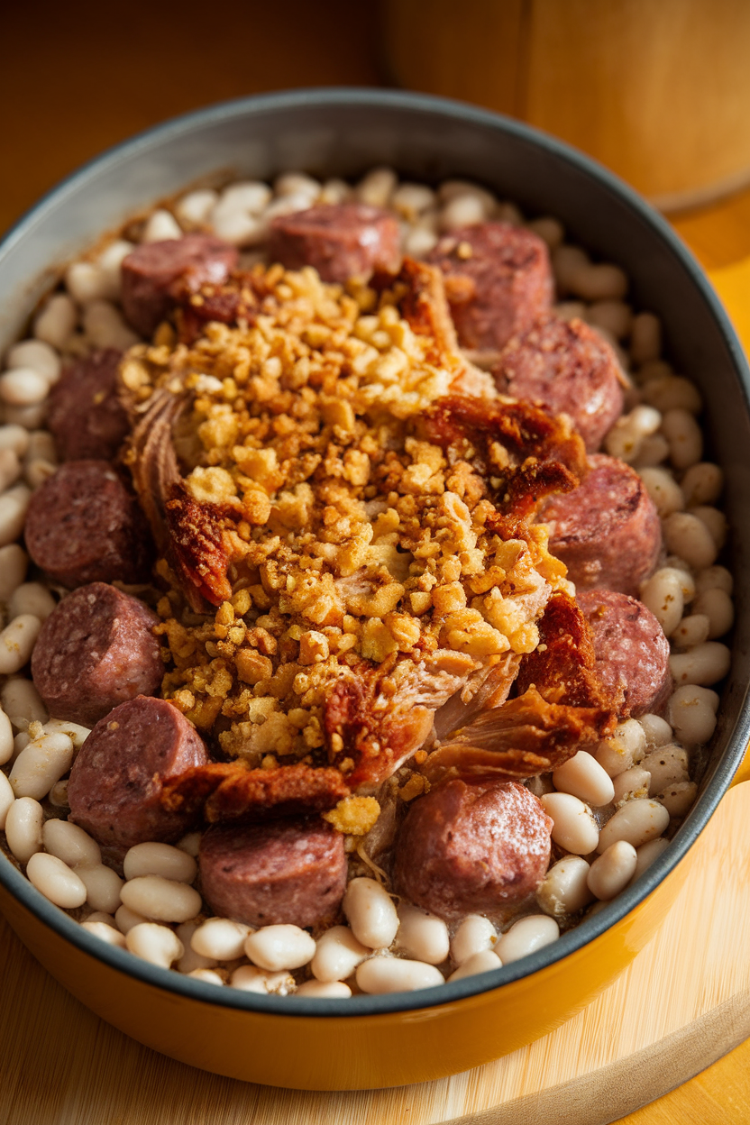 Indoor photo of a shallow casserole of cassoulet—white beans, browned sausages, and crispy duck confit pieces under golden breadcrumbs. No logos or text.