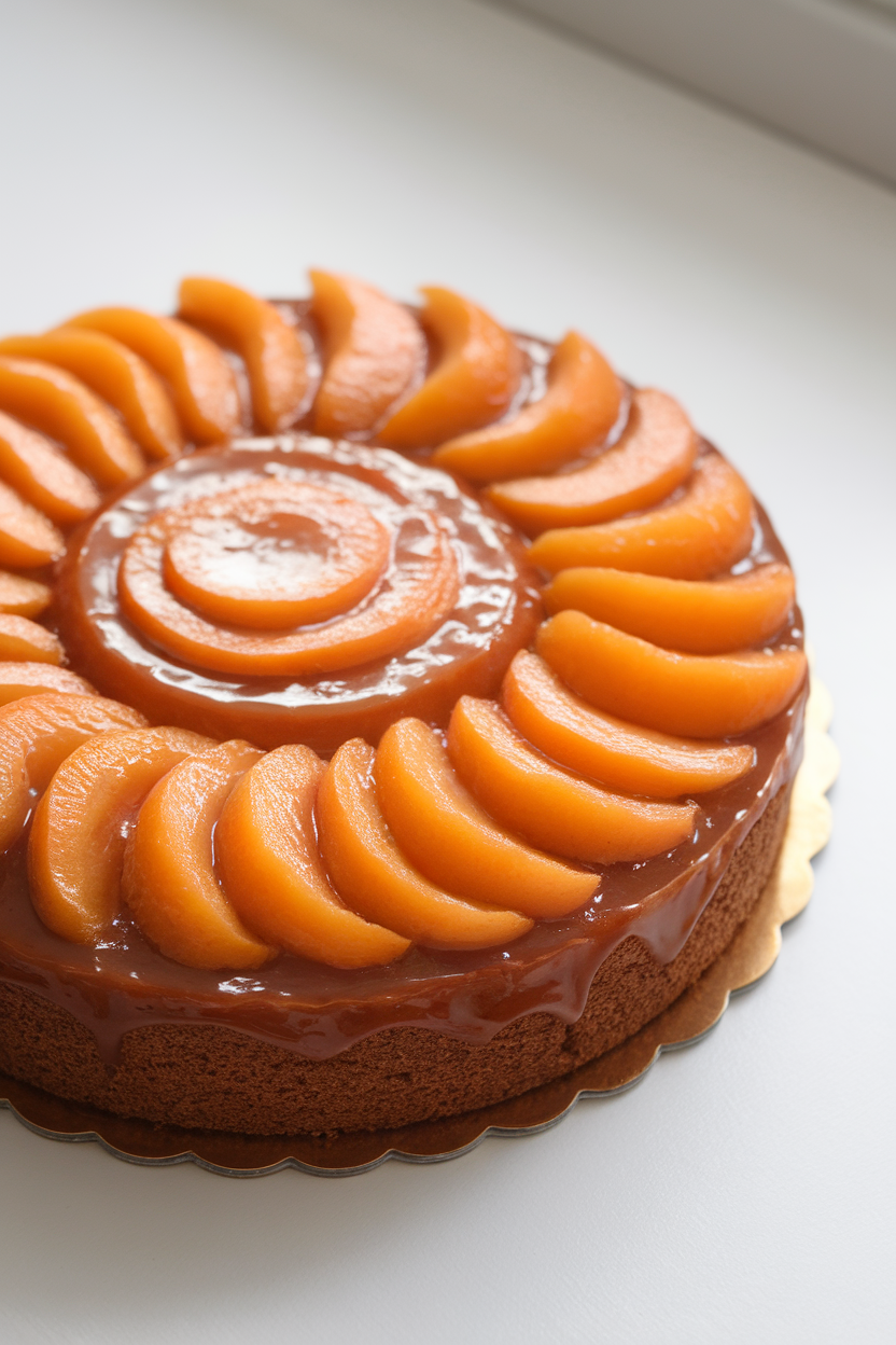 A low almond cake indoors with concentric apricot slices on top, glazed for shine, sitting on a tart plate. Photo only, no text or logos.
