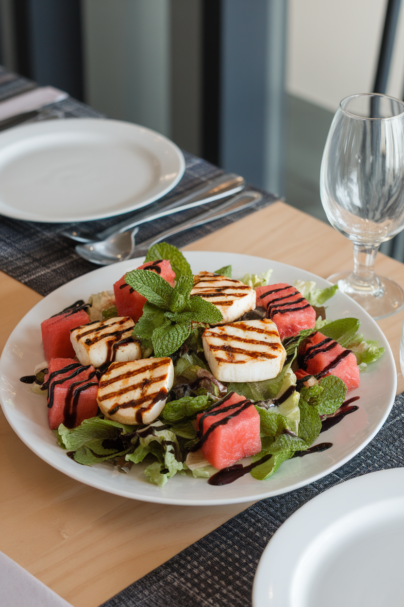 An indoor dining table photo of a salad featuring grilled halloumi cubes, watermelon chunks, mint leaves, and a drizzle of balsamic reduction, no text or logos.