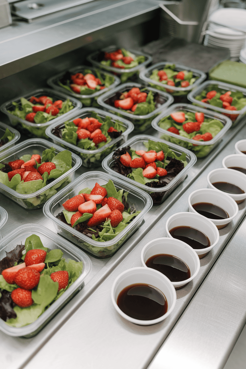 Indoor prep station with individual salad containers of mixed greens topped with strawberries and balsamic vinaigrette in separate cups, no labels